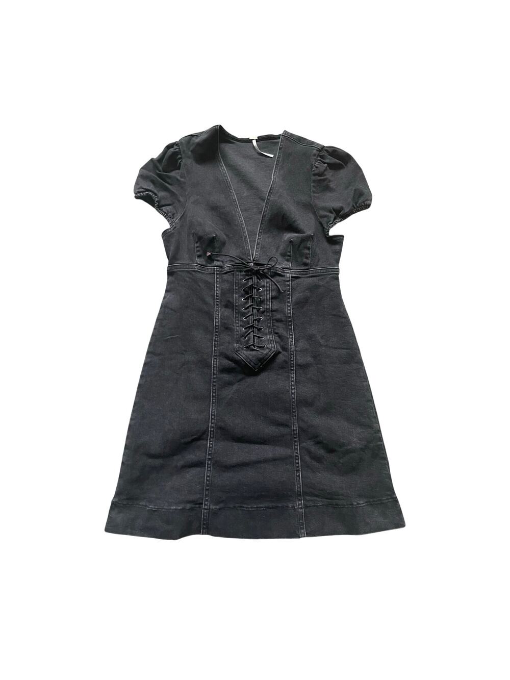 Free People Womens Denim Black Mini Dress Something Sweet V Neck Stretchy Size 2